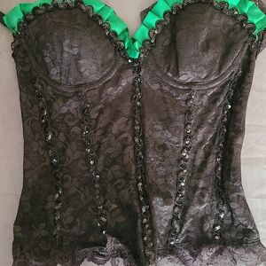Carnival Black Lace Corset with Green Trim with Feather Boa Scarf